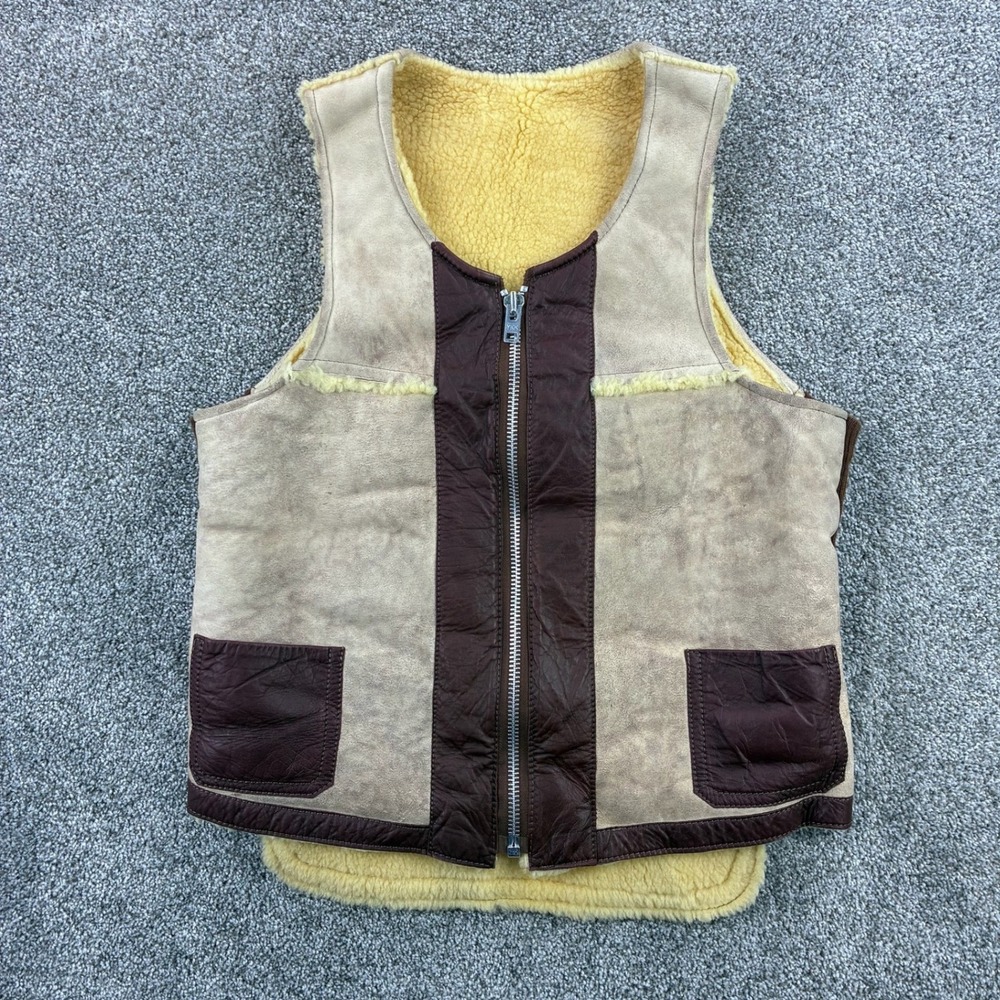 Vintage Shearling Leather Vest Mens Medium Tan Brown The Old Mill Glen Laine